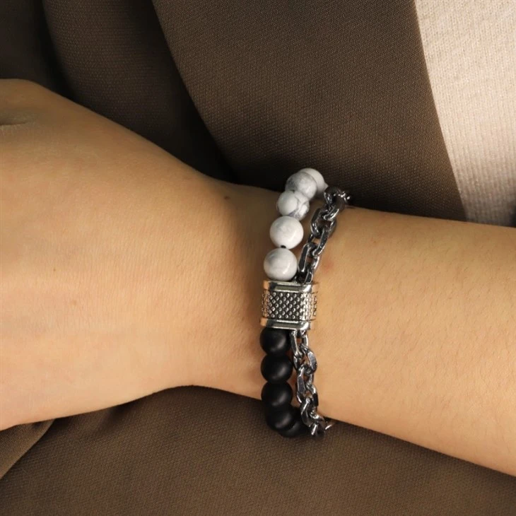 Black And White Dual-Layer Beaded Chain Bracelet price Black And White Dual-Layer Beaded Chain Bracelet price