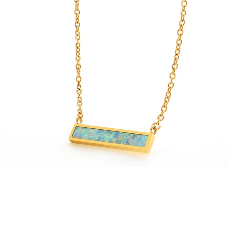 Stainless Steel Rectangular Opal Bar Pendant Necklace Stainless Steel Rectangular Opal Bar Pendant Necklace